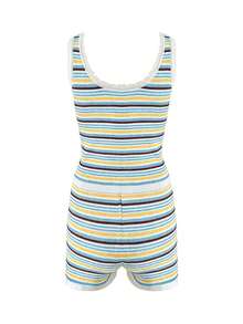 Conjunto de 2 piezas de top sin mangas acanalado y pantalones cortos de punto con cordón en la cintura, de estilo casual y versátil con rayas de colores, para primavera/verano - Multicolor - Ver 9