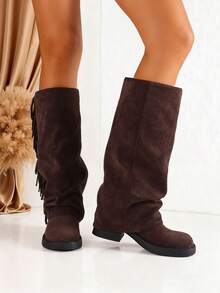 Women's Ruched Slouchy Mid Calf Boots Faux Suede Fringe Cowboy Western Fold Over Boots Chunky Heels Vintage Pleated Pull On Dress Fashion Wide Calf Boots - Màu nâu Sô-cô-la - Xem 8
