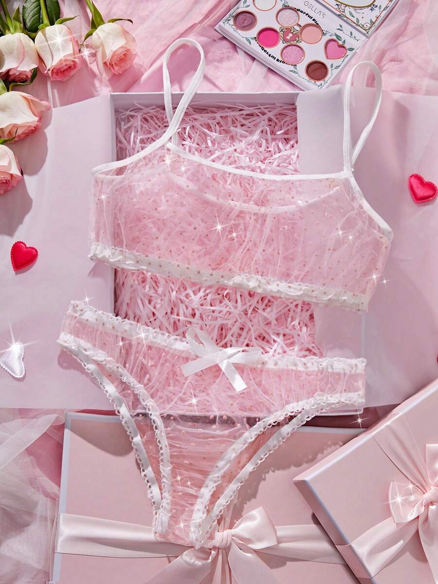 Valentine's Day Surprise Gift New Sexy Lingerie Polka Dot Flock Transparent Mesh Bra Bow Underwear Seductive Women Sexy Lingerie Set - Pink - View 1