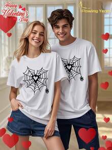 One Couple's Outfit, New Heart-Shaped Spider Print Pattern, Spring And Summer Casual Sports T-Shirt With A Round Neck And Short Sleeve Top, Sold Individually, Holiday Gift - phụ nữ da trắng - Xem 2