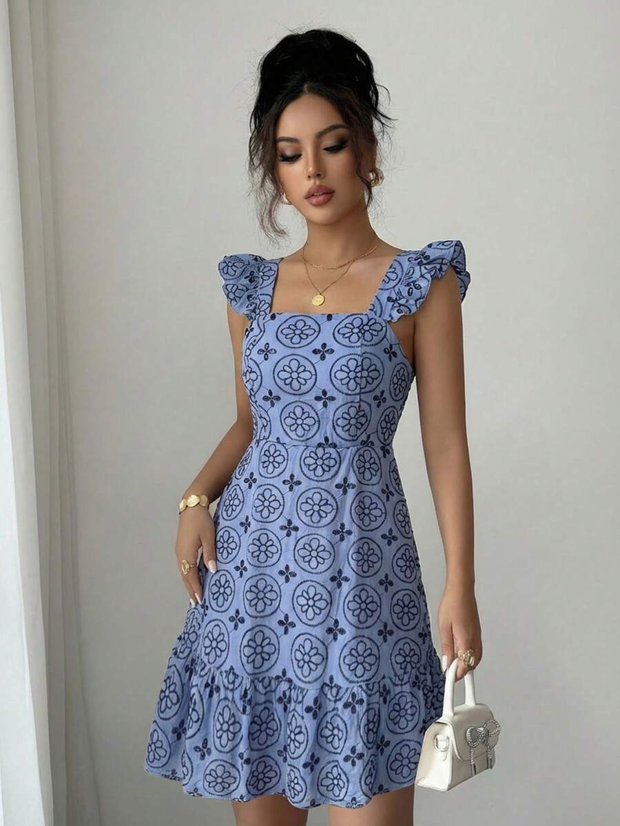 Women's Casual And Charming A-Line Short Dress With A Square Neckline, Embroidery, And A Ruffled Hem. - Màu xanh lam - Xem 1