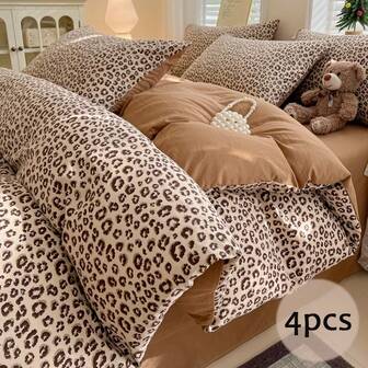 Juego de ropa de cama de 4 piezas, funda nórdica con estampado de leopardo vintage francés, juego de ropa de cama de poliéster suave y transpirable, juego de funda nórdica de estilo nórdico maduro de color marrón oscuro, adecuado para todas las estaciones, decoración de habitación, incluye 1 funda nórdica (sin relleno), 1 sábana, 2 fundas de almohada (sin relleno)