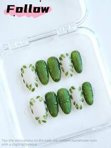 10片椭圆形手工按压式美甲贴纸，绿色哑光叶子图案，3D凝胶美甲贴纸，猫眼美甲贴纸，闪光美甲贴纸，可爱风格，适合女性，节日、派对、日常佩戴 - 彩色 - 查看 2
