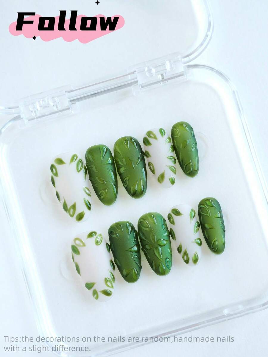 10片椭圆形手工按压式美甲贴纸，绿色哑光叶子图案，3D凝胶美甲贴纸，猫眼美甲贴纸，闪光美甲贴纸，可爱风格，适合女性，节日、派对、日常佩戴