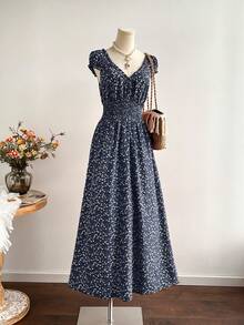 Rusttydustty 波西米亚风女士V领荷叶边红色碎花连衣裙，圣诞节、新年、情人节度假装 - 藏蓝色 - 查看 2