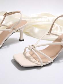 Sandal cao gót mỏng, quai ngang tinh tế, mũi vuông, thiết kế thắt nút, kiểu dáng retro mùa hè mới, quai cài đa năng, tối giản và thanh lịch. - Màu be - Xem 8