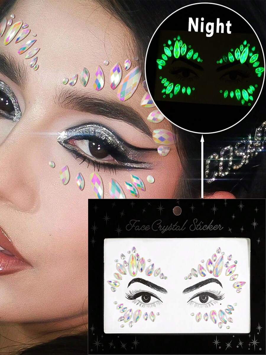 1pc Face Jewel Luminous Makeup Temporary Tattoo Sticker, Acrylic Crystal Glitter Sticker, Rainbow Teardrop Rhinestone Suitable For Valentine's Day, Halloween, Party, Rave