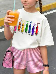 少女休闲日常通勤可爱卡通印花宽松T恤，夏季 - 白色 - 查看 1