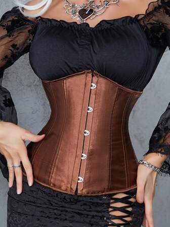 1pc Women's Short Waist Cincher, Front Button Back Tie Adjustable Corset, Suitable For Party And Banquet Outfits