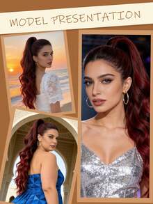 Claw Shaped Ponytail Extension Hair Accessory Gradient Red 24 Inch Long Wave Heat-Resistant Fiber Synthetic Ponytail Wig, Suitable For Women's Christmas, Halloween, Music Festivals, Parties, And Daily Use