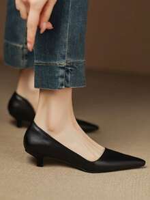 2025 New French Style Purple Pointed Toe Mid-Heel Pumps, Commuting Work Shoes For Women, Spring/Autumn,Kitten Heels - Black - View 4