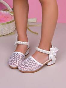 1 Pair Children's High Heel Sandals, Mesh Breathable Material, Cute Bow & Pearl Decor, Suitable For Party, Vacation, Evening Dress - White - View 6