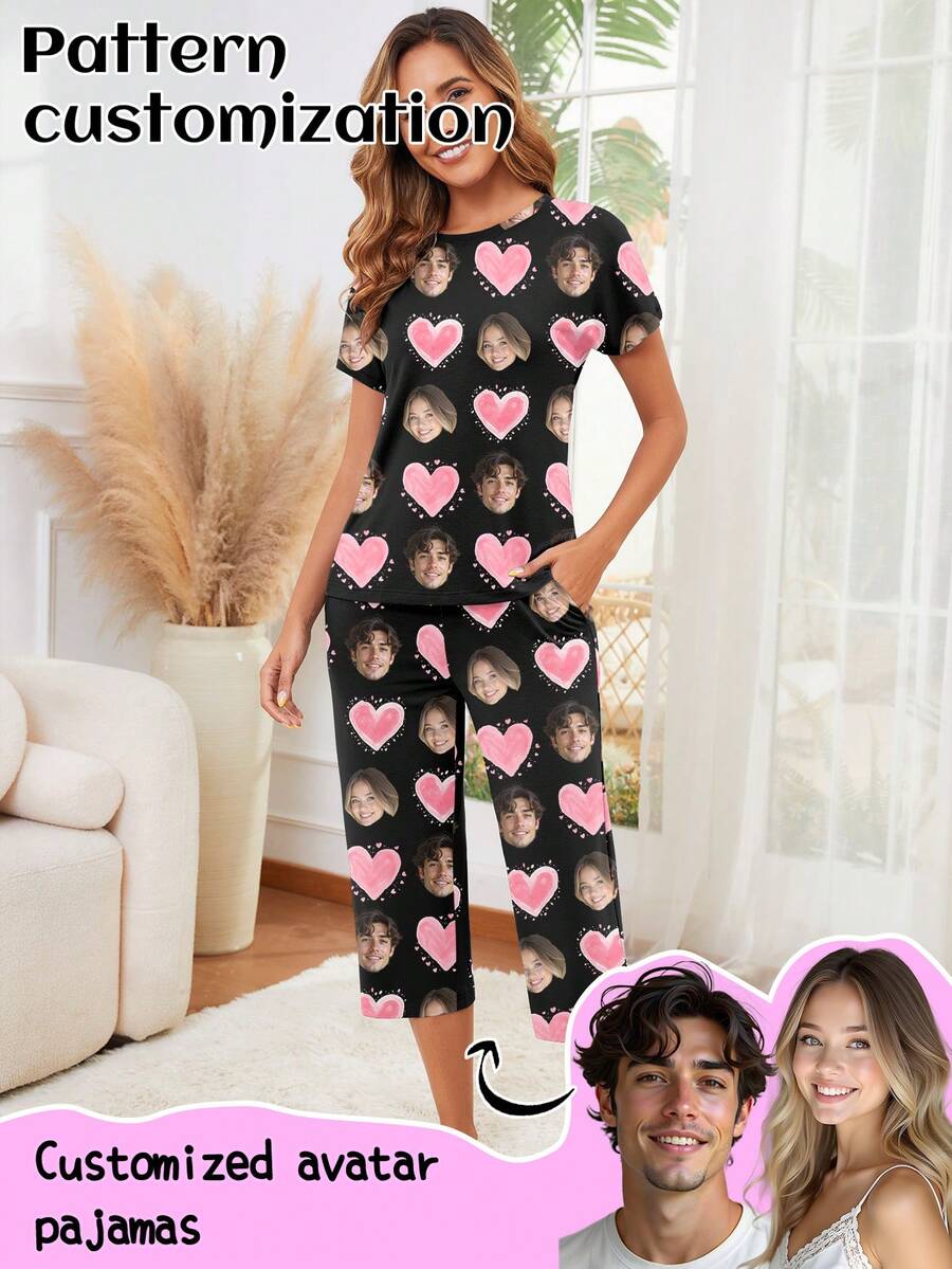 Printstory Set Piyama Wanita Kustom, Dapat Dipersonalisasi dengan Pola Apa Pun, Hadiah Unik, Cocok untuk Keluarga, Teman, dan Pesta Liburan - Hitam - View 1