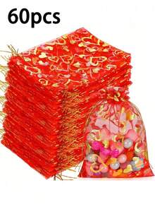 120/60/30/6件红色心形欧根纱束口袋，节日惊喜礼品袋，婚礼回礼袋，伴娘礼物，宾客回礼，珠宝收纳袋，沐浴派对回礼，单身派对礼物，糖果礼品网眼束口袋，适用于节日、婚礼、浪漫惊喜 - 紅色鏤空愛心網袋 - 查看 13