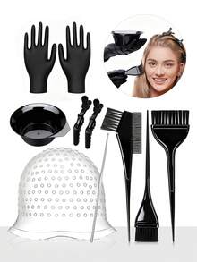 9件套染发工具套装，包括染发帽、挑染帽、染发膏、染发碗、染发刷、染发手套，专业染发配件，适合家庭和沙龙使用，男女通用 - 彩色 - 查看 1