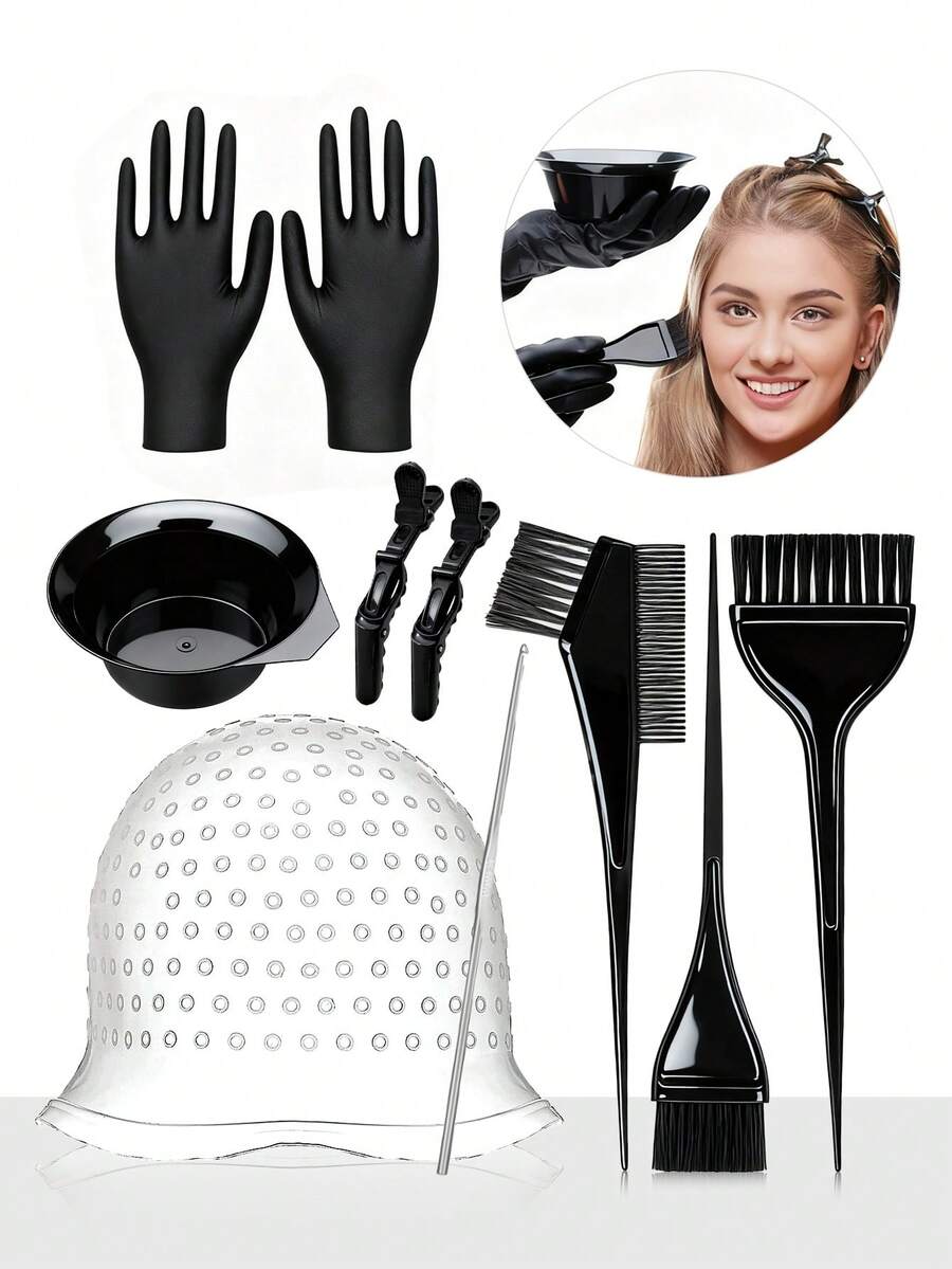 9件套染发工具套装，包括染发帽、挑染帽、染发膏、染发碗、染发刷、染发手套，专业染发配件，适合家庭和沙龙使用，男女通用 - 彩色 - 查看 1