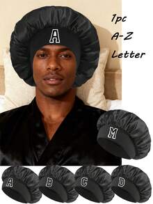 1pc Unisex Satin Sleep Cap, Customizable A-Z Letter, Soft & Comfortable, Elastic Wide Brim, Hair Protection, Suitable For Daily Makeup, Face Washing, And Bathing - Black - View 1
