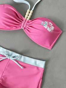 Sultry Sol Bộ đồ bơi 2 món gợi cảm, ngọt ngào, màu hồng và xanh họa tiết hoa nhí, áo quây + quần short dây rút, dây đeo vai đính hạt, họa tiết ALOHA, trang phục đi biển không thể thiếu cho kỳ nghỉ hè của các cô gái. - Màu Hồng Tươi - Xem 10