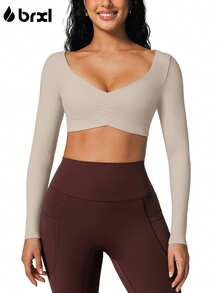 BRXL Long Sleeve Crop Tops For Women Built In Bra Padded Yoga Shirts Deep V Neck Buttery Soft Slim Fit Workout Pilates Gym - 棕色 - 查看 1