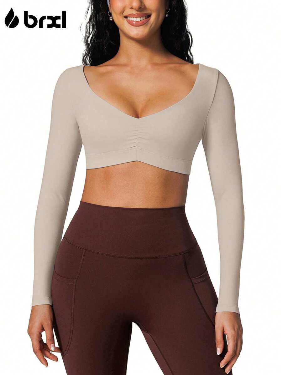BRXL Long Sleeve Crop Tops For Women Built In Bra Padded Yoga Shirts Deep V Neck Buttery Soft Slim Fit Workout Pilates Gym - 棕色 - 查看 1