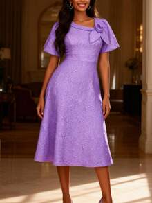 Vestido de festa feminino elegante com estampa jacquard de rosas, manga curta e mangas bufantes em relevo, ideal para aniversários, casamentos, formaturas, galas, bailes de boas-vindas e outras ocasiões especiais na primavera. - Roxo Lilás - Ver 7
