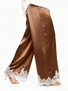 Women's Spring Summer Satin Pants Lace Trim Cuff Loose Wide Leg Trousers For Daily Wear - Coffee Brown - View 2