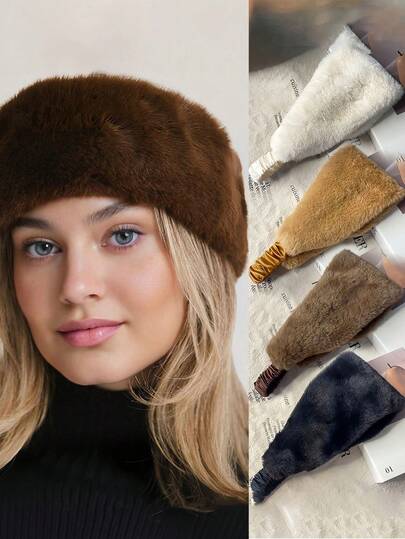 1pc Autumn/Winter Faux Fur Headband, Wide Windproof Elastic Hairband, Warm Solid Color Rabbit Fur Headwrap For Women