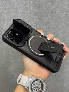 1pc Magnetic Invisible Camera Protector Bracket Phone Case, Compatible With IPhone 17 Pro Max Air 16 15 14 13 Pro Max Plus, Supports Wireless Charging, Hard PC Back Cover - Black - View 4