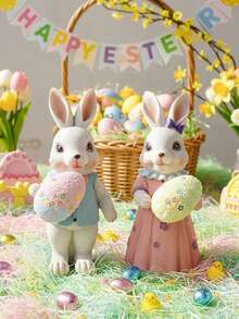 1pc Creative Cute Rabbit Miniature Statue Decor, Easter Sunday Ornament, Handmade Craft, Garden Decoration, Spring Animal Figurine - Multicolor - View 4