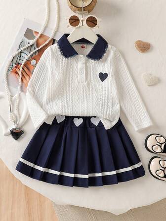 Baby Girls' Fashion Casual Cute 2-Piece Set: Heart Embroidery Ruffle Collar T-Shirt + Pleated Heart Embroidery Waist Skirt