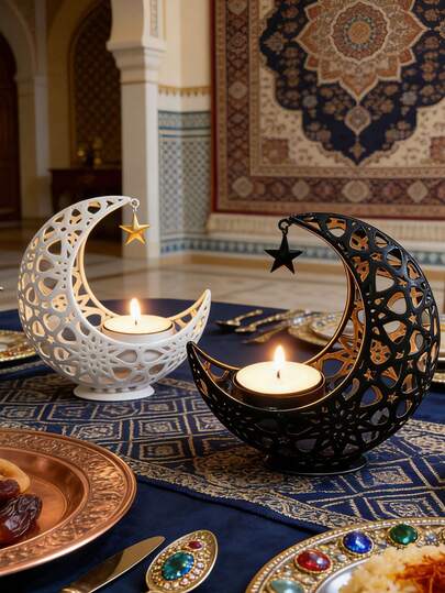 Crescent-Shaped Candle Holder, Islamic Style Wrought Iron Hollow Candle Holder Decoration, Arabic Style Desktop Candle Holder, Luxurious Romantic Wedding Decor, Desktop Decoration, Hollow Incense Burner, Home Decor, Handicraft, Candle Holder