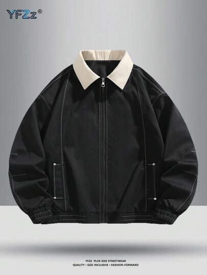 加大码男士休闲宽松纯色翻领百搭夹克，春秋季日常穿着时尚有型