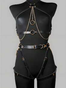 1 Set Women Gothic Style Fashion PU Leather Suspender, Suitable For Halloween Party, Celebration - Gold - View 2