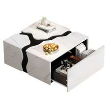 Soffbord för vardagsrum, 70 x 70 x 31 cm, geometrisk kubisk design, sidobord med låda, unikt format marmorfanerbord, soffbord, förvaringsbord, spelbord - Vit + spånskiva - Visa 4