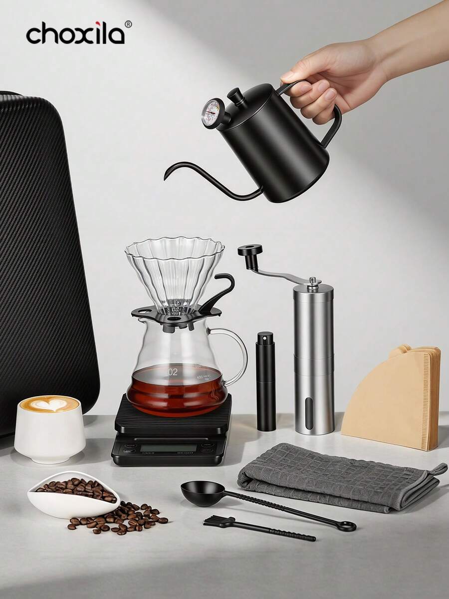 choxila 13 piezas Juego de Café V02 con Caja de Almacenamiento, Incluye Gotero de Café, Cafetera, Filtros de Café, Molinillo, Tazas de Café, Balanza Digital, Cuchara de Café, Cepillo de Limpieza. Regalo Ideal para Amantes del Café, Familias, Entusiastas del Café. Adecuado para el Hogar, Cafetería, Camping, Oficina, Rincón de Café. - juego de café - Ver 1
