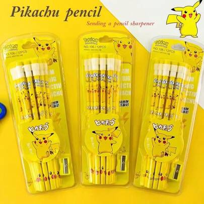 12pcs Pokemon Pikachu Cartoon Character Pencils, Cute Stationery Gift For Students, Birthday, Christmas, Party