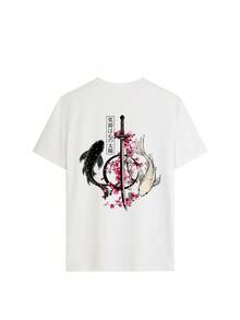 Women's White Crew Neck Short Sleeve T-Shirt With Koi Fish Pattern, Casual Japanese Style Versatile Top, Suitable For Daily Wear Summer - White - View 4