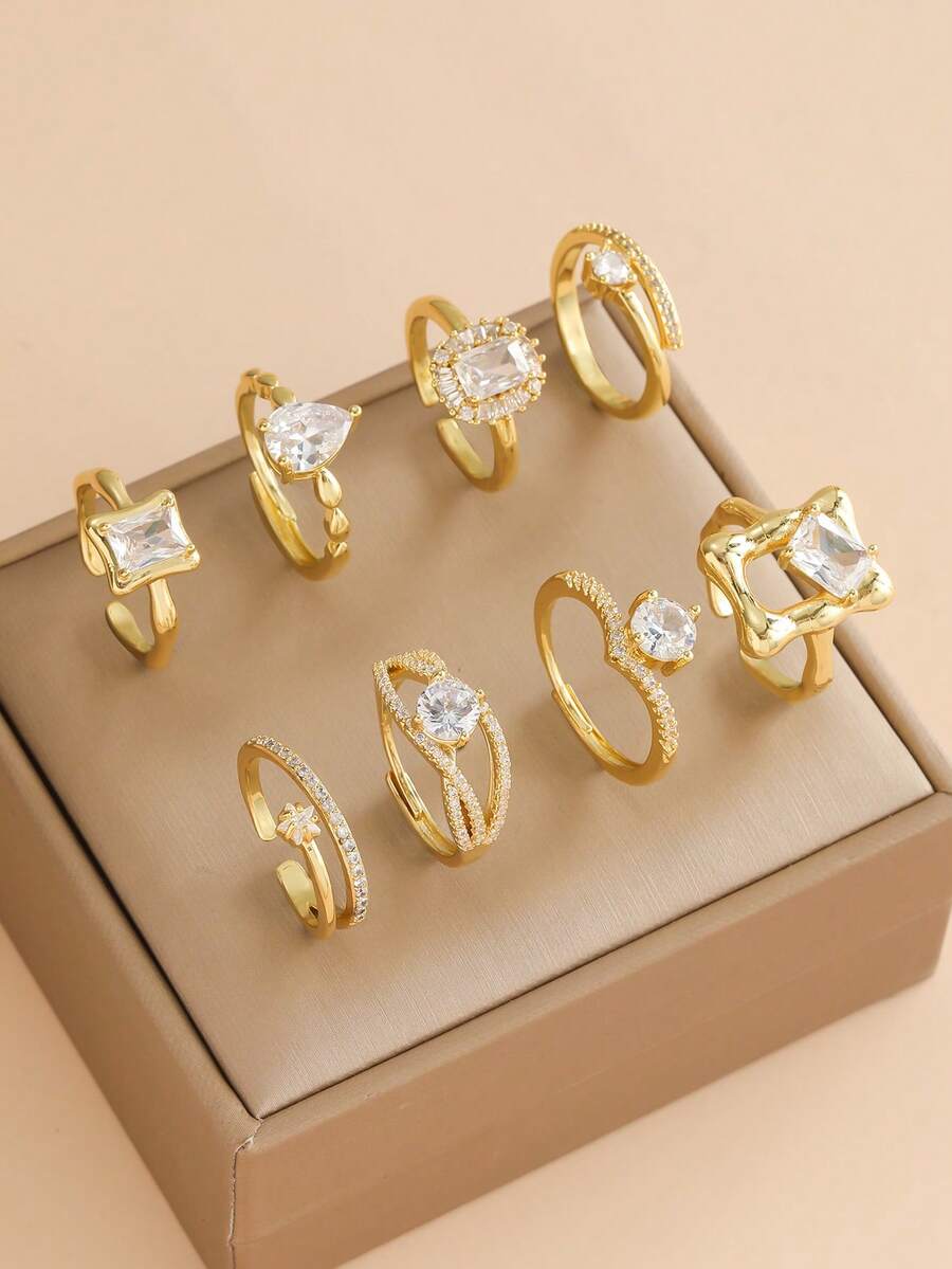 Vintage Gold Geometric Textured Rhinestone Ring, Open Adjustable Design, Unique Style Index Finger Ring Set - Multicolor - View 1