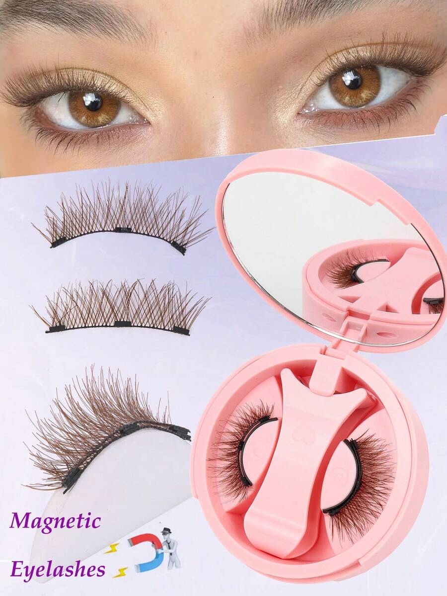 1 Pair Reusable Brown Magnetic Eyelashes With Applicator, No Glue Needed, Natural Look, Easy To Wear And Remove - Natural Lashes - View 1