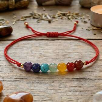 1pc Minimalist Lucky Red Rope 7-Color Bead Bracelet, 7 Chakra Healing Crystal Beaded Bracelet Unisex, Friendship Bracelet, Adjustable Red Woven Bracelet, Adjustable Red Rope Woven Lucky Amulet Bracelet, Lucky Bracelet, Birthday Gift, Anniversary Gift