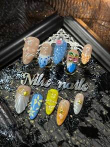 Bộ 10 móng tay acrylic hình hạnh nhân, màu xanh dương, vàng và mơ, mắt mèo bạc và nhuộm cam, kiểu Pháp xanh dương và vàng, họa tiết 3D 3D anh đào, bướm, sao và ngọc trai cùng các phụ kiện trang trí móng khác, chấm bi vẽ tay, gợn sóng nước và họa tiết hình học, bộ dụng cụ làm móng nghệ thuật phong cách Y2K, dụng cụ làm móng acrylic dành cho nữ hoặc bé gái, thích hợp cho các lễ hội, sử dụng hàng ngày, tụ họp, tiệc tùng (bao gồm: một miếng keo dán và một miếng dán ma sát). - Màu xanh lam - Xem 3