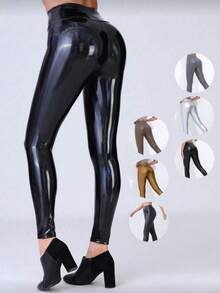 High Waist PU Leather Skinny Tapered Pants, Punk Music Festival Women's Casual Leggings, Black, Comfortable - Multicolor - View 1