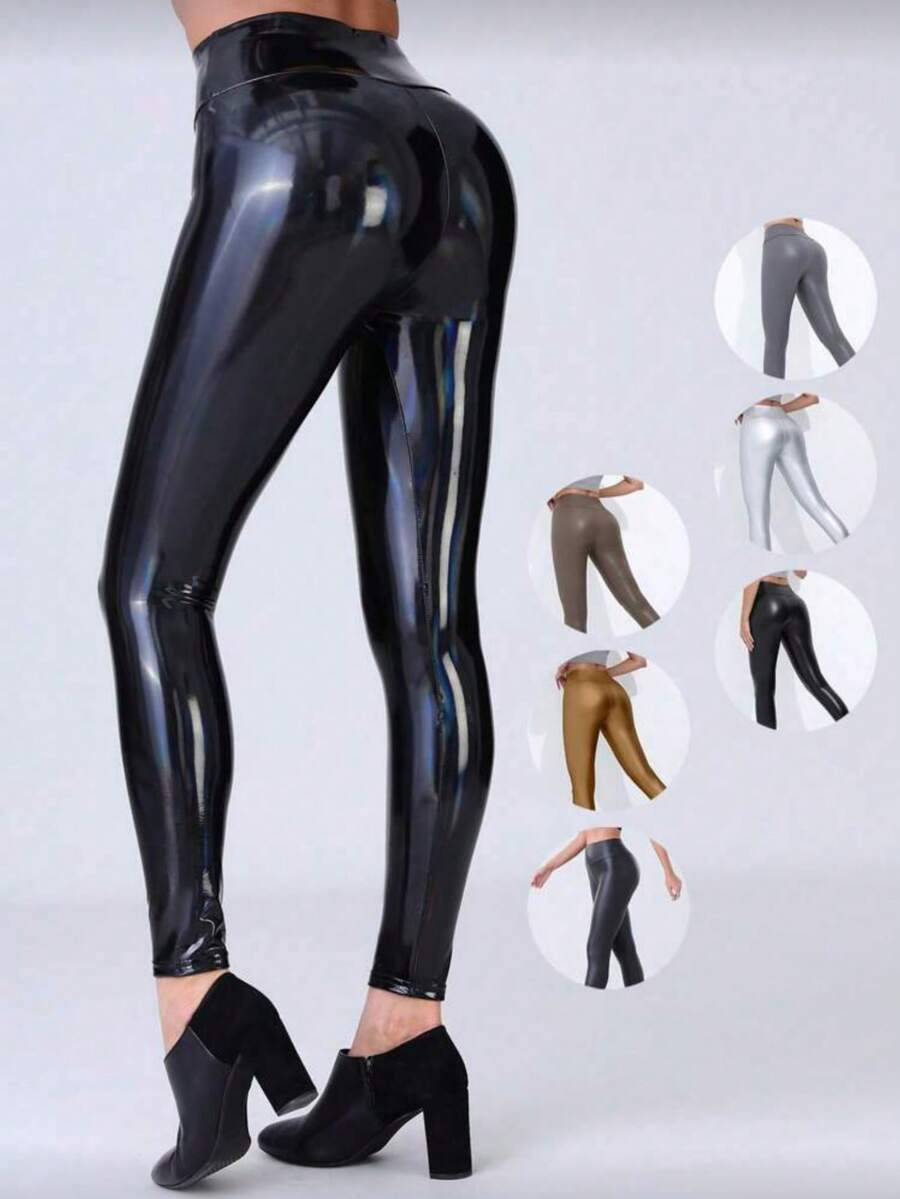 High Waist PU Leather Skinny Tapered Pants, Punk Music Festival Women's Casual Leggings, Black, Comfortable - Multicolor - View 1