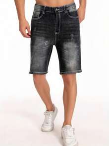 男士休闲牛仔短裤，带口袋，弹力面料 - 黑色 - 查看 1