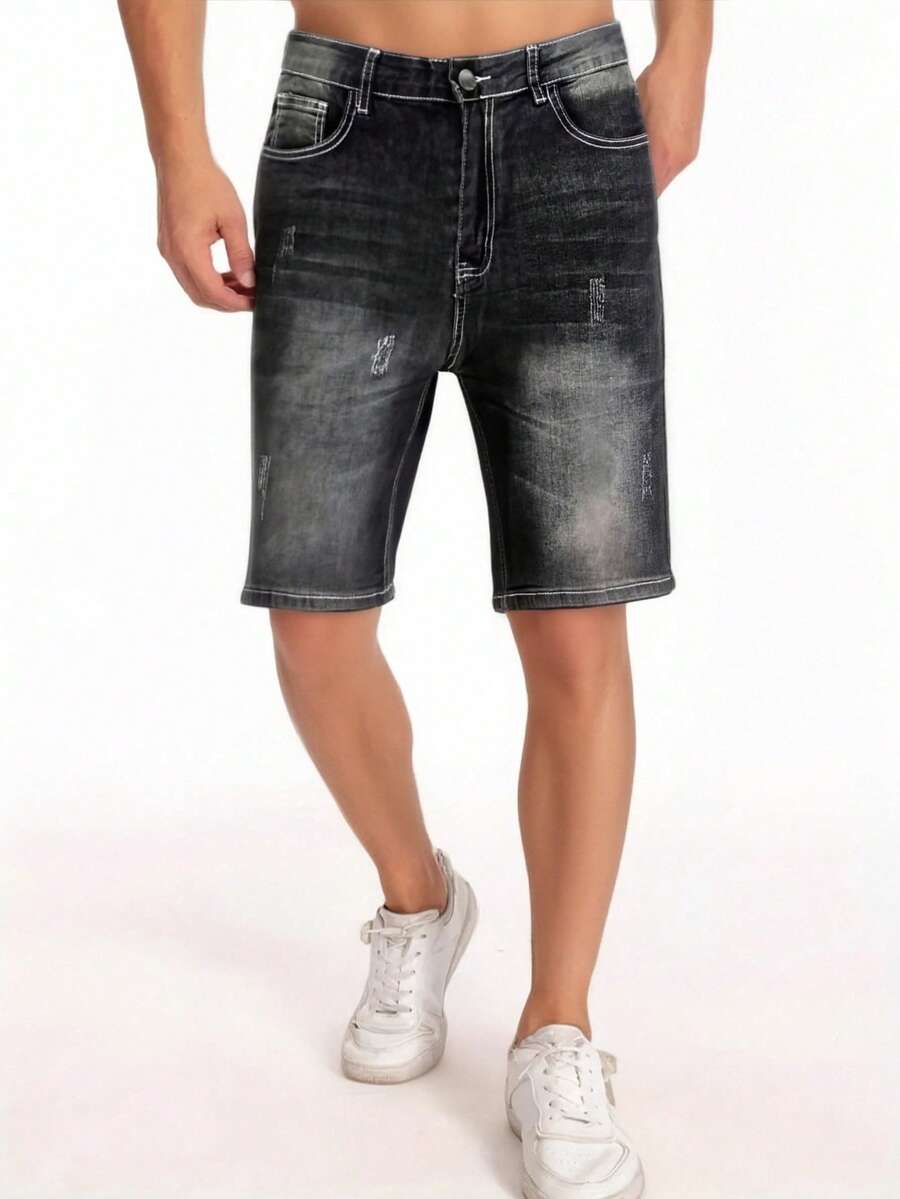 男士休闲牛仔短裤，带口袋，弹力面料 - 黑色 - 查看 1