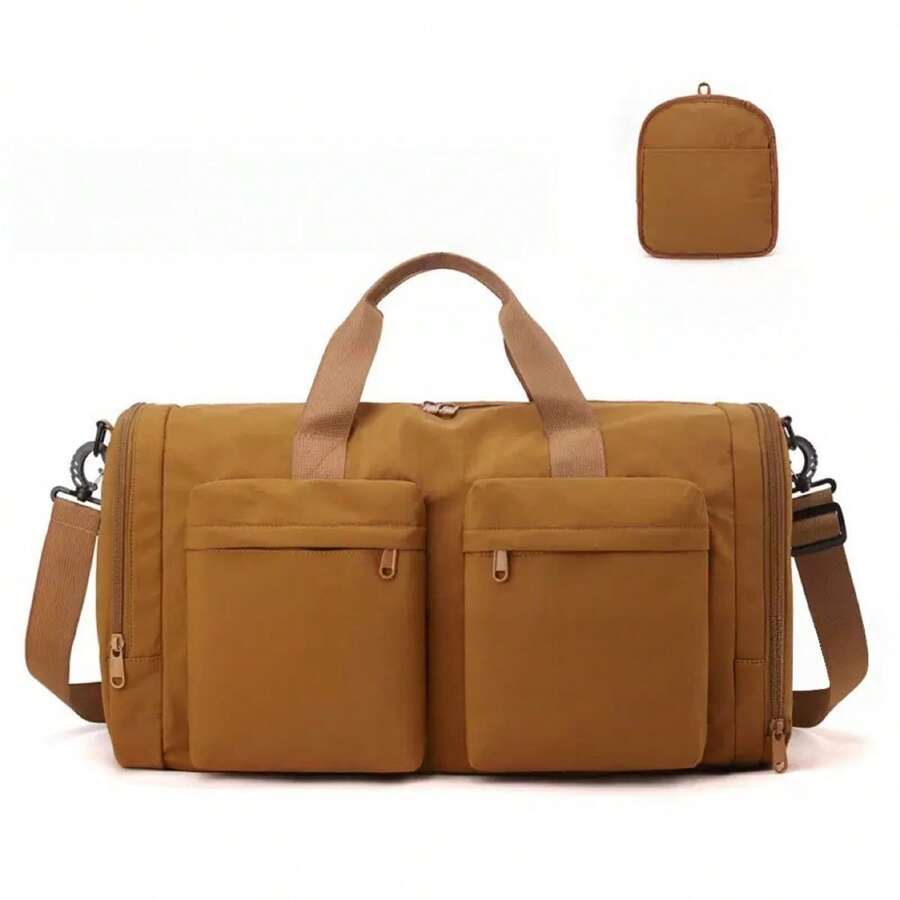 Foldable Travel Duffel Bag, Lightweight Luggage Bag With Shoes Compartment, Waterproof Multi-Partition Bag,Weekender Overnight Bag For Men & Women,Multi-Pockets Solid Color Baggage Bag,Dry Wet Separation Bag - 棕色 - 查看 1
