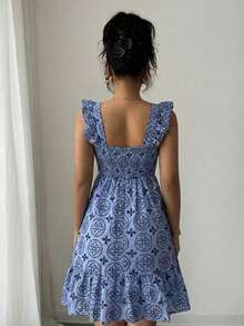 Women's Casual And Charming A-Line Short Dress With A Square Neckline, Embroidery, And A Ruffled Hem. - Màu xanh lam - Xem 5
