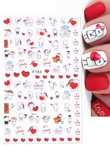 Pegatinas de uñas de San Valentín en 3D 2 piezas con personajes animados de corazones rojos, piano, violín, "Te amo" carta, decoración romántica para boda y vacaciones, autoadhesivas, para salón, decoración de uñas para mujeres y niñas, regalo - Multicolor - Ver 6
