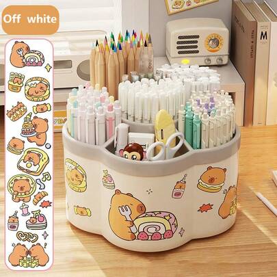 1pc Rotating Pen Holder & Makeup Organizer Box - 360° Rotating Desktop Storage, Comes With Cute Hippopotamus Stickers, Large Capacity Portable Storage Box, Suitable For Office & Cosmetics - Lightweight Stationery Organizer