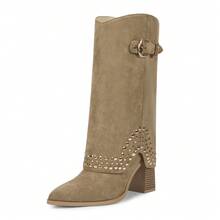 Fold-Over Almond Studded Fashion Boots,3.35in Chunky Heel,Versatile Fall Style,Women's Shoes,Women's Boots - 杏色 - 查看 3